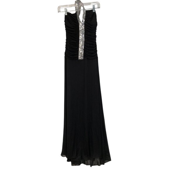 B Smart Sz 9/10 Formal Black Maxi Dress Silver Sequin Halter Ruched Y2K 8836 - Picture 11 of 11
